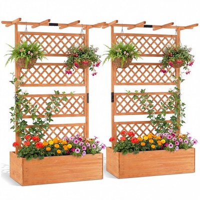 2PCS Wooden Planter Box w/Lattice Trellis Flat Roof Drainage for Climbing Plant
