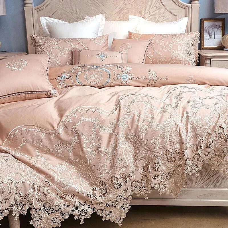 Luxury bedding set 6pcs 100S pima cotton hollow lace quilt cover flat sheet set - Image 2 of 4