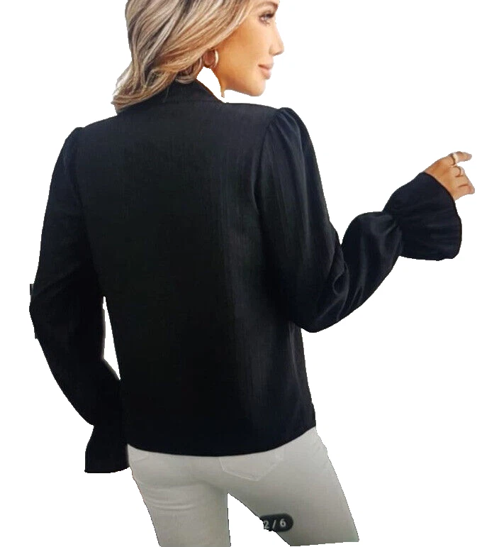 Damen Langarmbluse Perle Schleleife Elegant V Ausschnitt Schwarz Glockenarmeln - Bild 2 von 4