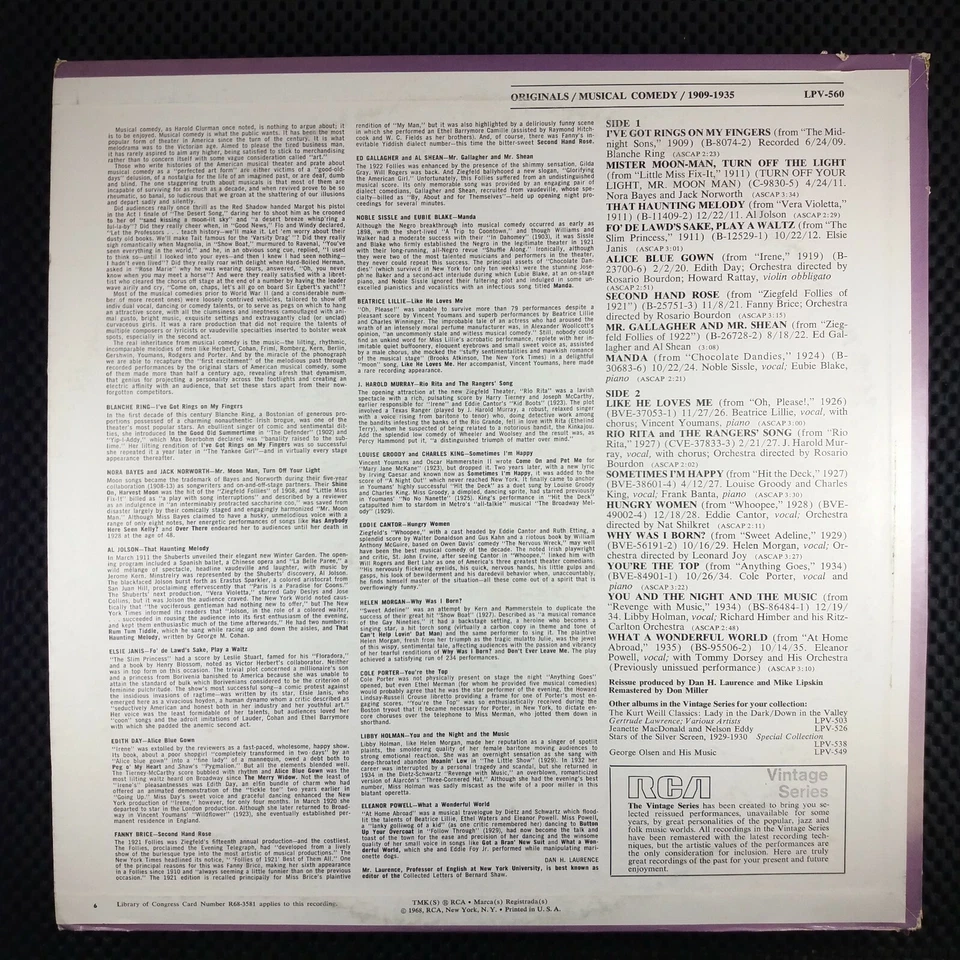 Originals Musical Comedy 1909-1935 (LPV-560) Fanny Brice Al Jolson Eddie Cantor Foto 2 de 4