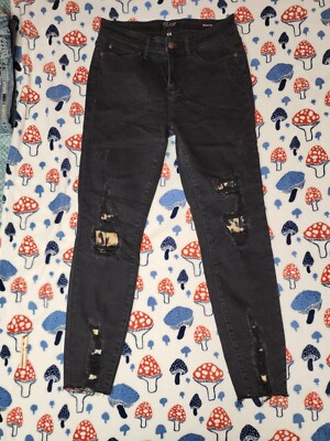 Judy Blue Jeans Black Skinny Fit Leopard Print Patches Raw Hem