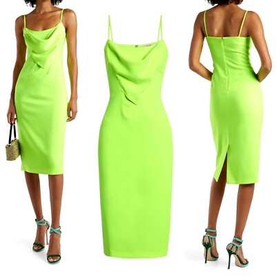 ET OCHS Natalie Draped Crepe Draped Front Midi Dress Electric Green Sz 2 $1195