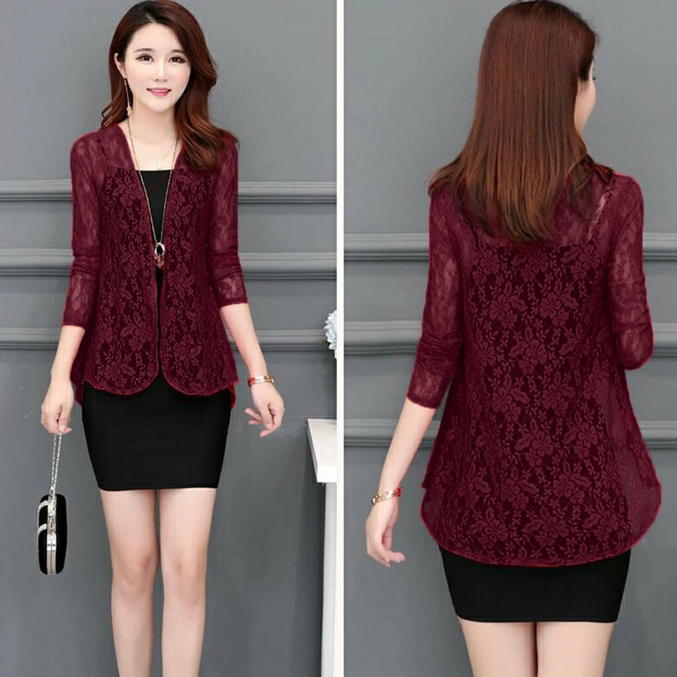 Mujer Chaqueta de Gasa Cárdigan Verano Camisa Blusa Encaje Manga Larga Prendas para el torso Informal Foto 4 de 4