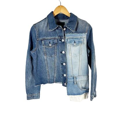 Hudson Spliced Denim Trucker Grunge Patchwork Jacket Size Small Blue Denim Wash