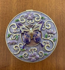 Enamel Trinket Jewelry Butterfly Box Inside Mirror Round With Brass Color Accent