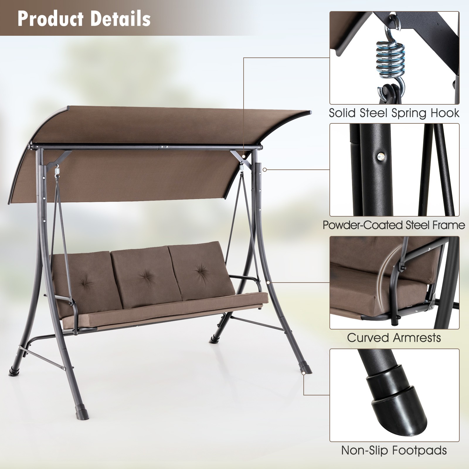 3-Seat Outdoor Porch Swing with Adjustable Canopy Thickened Cushions Metal Frame