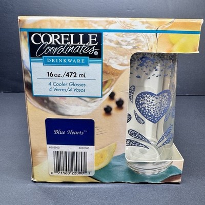 New In Box CORELLE Blue Hearts 16 OZ. TUMBLERS/DRINKING Glasses set 4 VINTAGE