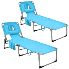 Goplus 2 PCS Folding Beach Lounge Chair Outdoor Chaise Lounge w/Pillow Turquoise