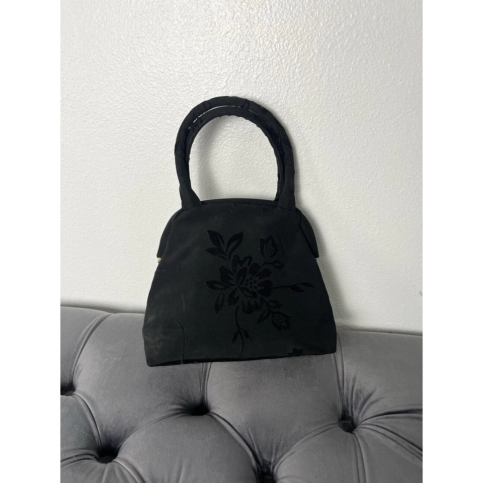 Vintage 90s Y2K Liz Claiborne Black Miniature Top Handle Velour Floral Purse - Image 3 of 4