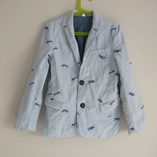 Boden Blazer Jacket Boys 7-8Y Blue White Striped Embroidered Airplane Seersucker