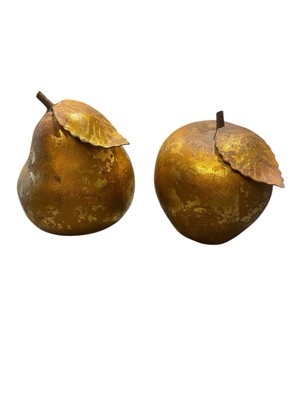 Gold Gilded 4'' Pear And Apple Forbidden Fruit W/Metal Leaf Set Of 2 READ