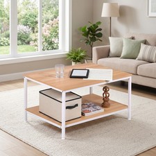 2 Tier Natural Wood Coffee Table with Stable Metal Feet Living Room Rectangle