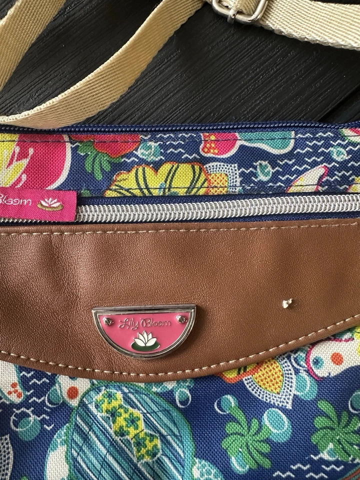 Lily Bloom Crossbody Shoulder Handbag Pink Lime Green Floral Zip Pockets - Image 2 of 4