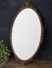 Vintage Ornate Oval Wall Mirror Cast Metal Frame Gold Tone 21” x 13” Decorative