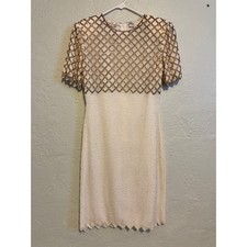Laurence Kazar Beaded Pearl Sequin Cocktail Dress Ivory Short Sleeve Evening M