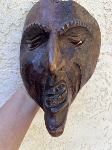 Vintage FOLK ART Carved Creepy WOOD MASK Unique 9” X 7”