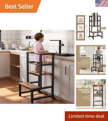Kitchen Step Stool for Toddlers Adjustable Toddler Tower with Safety Rail Kid...
