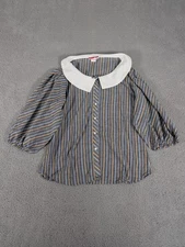 Laura Mae Blouse Womens Medium Striped Peter Pan Collar Puff Sleeve Retro Top