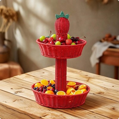 Geflochtener Korb mit platzsparendem Ständer Obstkorb zweistufig