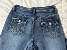 Embroidered Flap Pocket Women's Jeans Blue Medium Wash Denim Cotton Button