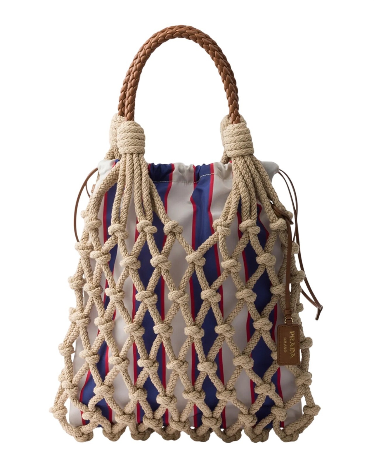 Prada Medium Striped Cotton Macrame Top-Handle Bag in Tan Blue