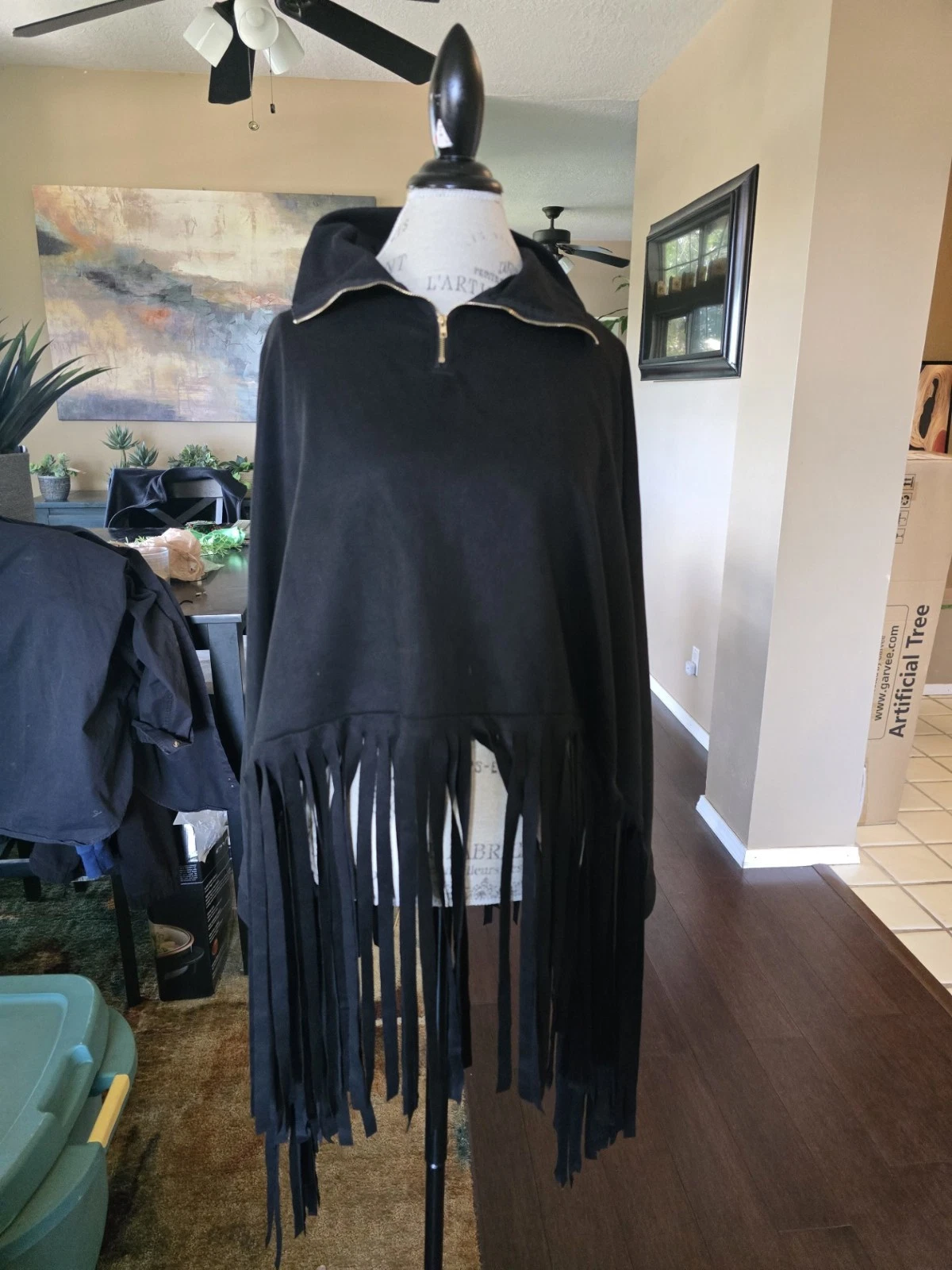 Women's OS Black long fringe Poncho Cape Fringe