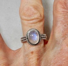 Moonstone Small Oval Ring with Roping Band 925 Sterling Silver Size 6.75