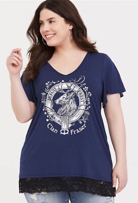 Womens Torrid Outlander Je Suis Prest Blue Lace Tee Size 0 12 Large VGUC