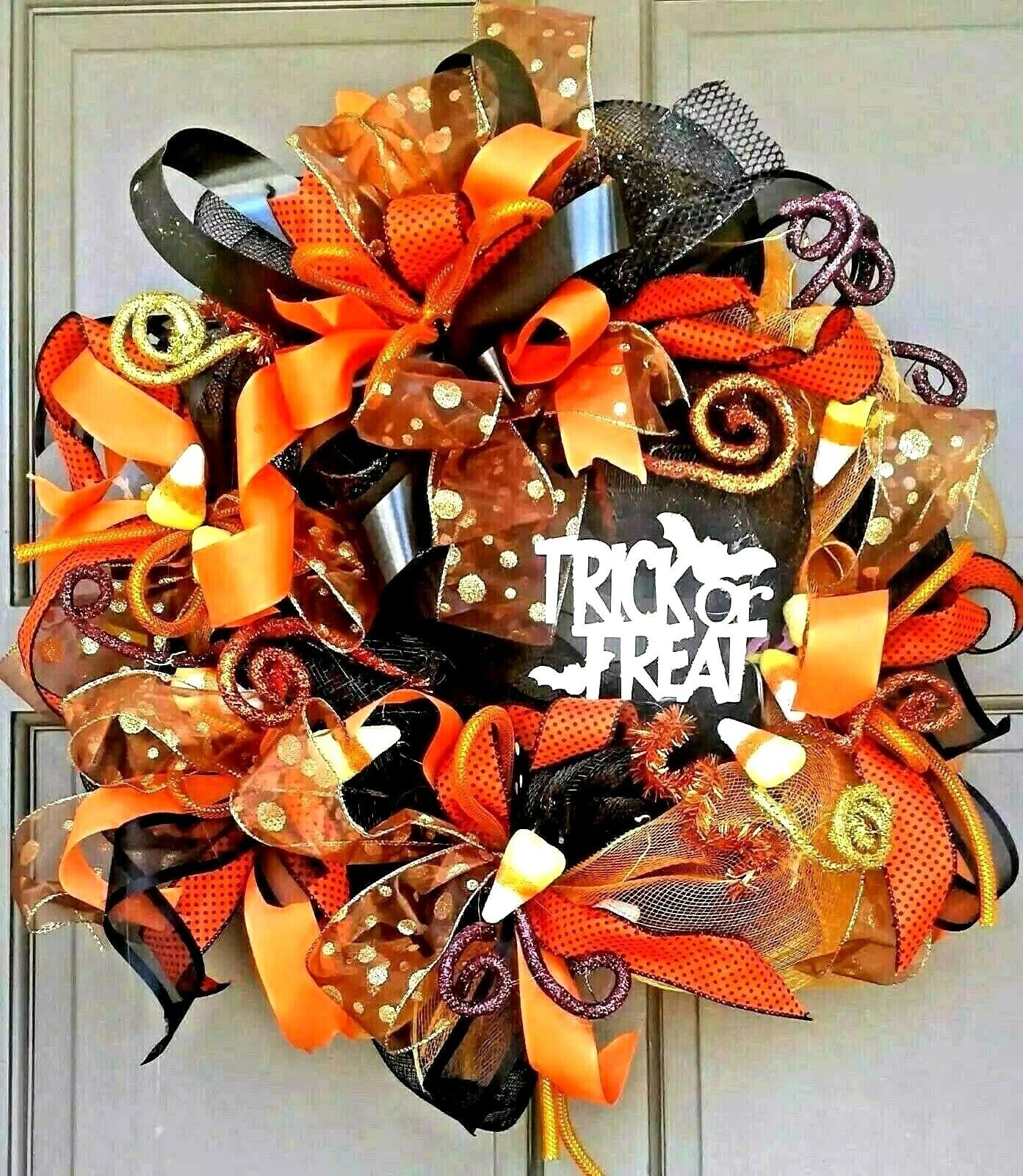 Halloween Front Door Wreath w/ Lights Large 24" Handmade Deco Mesh Decoration