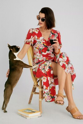 NWT Anthropologie Rosalia Red floral Wrap Midi Dress Size 6