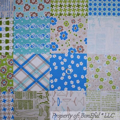 BonEful Fabric FQ Cotton Quilt VTG Blue Green White Brown Patchwork Flower Block
