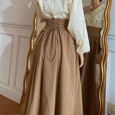 Lady Lace Up Skirt Retro Midi Skirt with Pocket Evening Dress French Style  Skirt | eBay