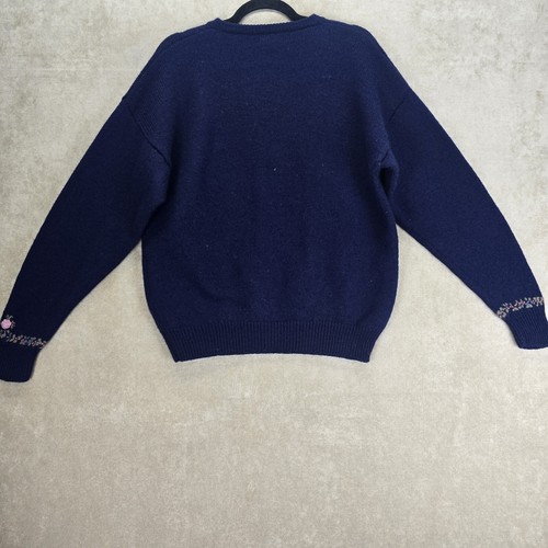 Deans Of Scotland 100% Wool Womens Blue Sweater W/ Floral Needlepoint Size Xl - Picture 16 of 23