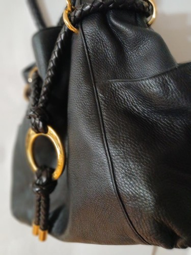 MICHAEL KORS BLACK LEATHER SHOULDER BAG Hobo Satchel Tote braid handle gold - Picture 2 of 9