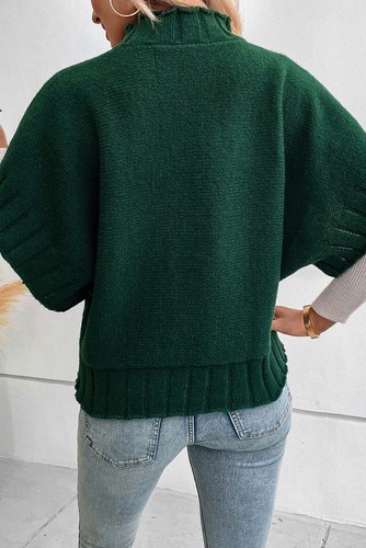Blackish Green Mock Neck Batwing Short Sleeve Knit Sweater - Picture 2 of 8