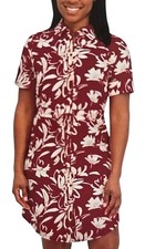 NWT Halston Women's XS Red & White Floral Print Shirt Dress Short Sleeve B0702