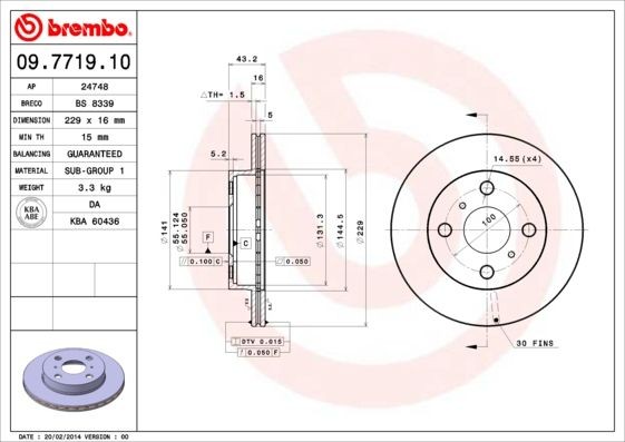 Disque de frein 09.7719.10 BREMBO en fonte ventilée haute performance TOYOTA