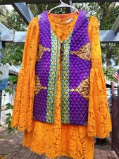 Lace mini Dress Boho 70s Style Hippie Tunic Bell Sleeve L W/ Under Dress No Vest