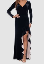 XSCAPE Women's Black Velvet Ruffled Slit Evening Gown Dress Size 10