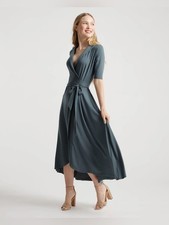 Quince Tencel Jersey Short Sleeve Casual Midi Wrap Dress in Dark Olive size M