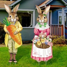 Wenqik 2 Pcs Easter Yard Decorations Bunny Egg Outdoor Signs with Stakes East...
