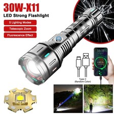 30W Strong White Laser LED Zoomable Flashlight USB Charging Torch with Luminous