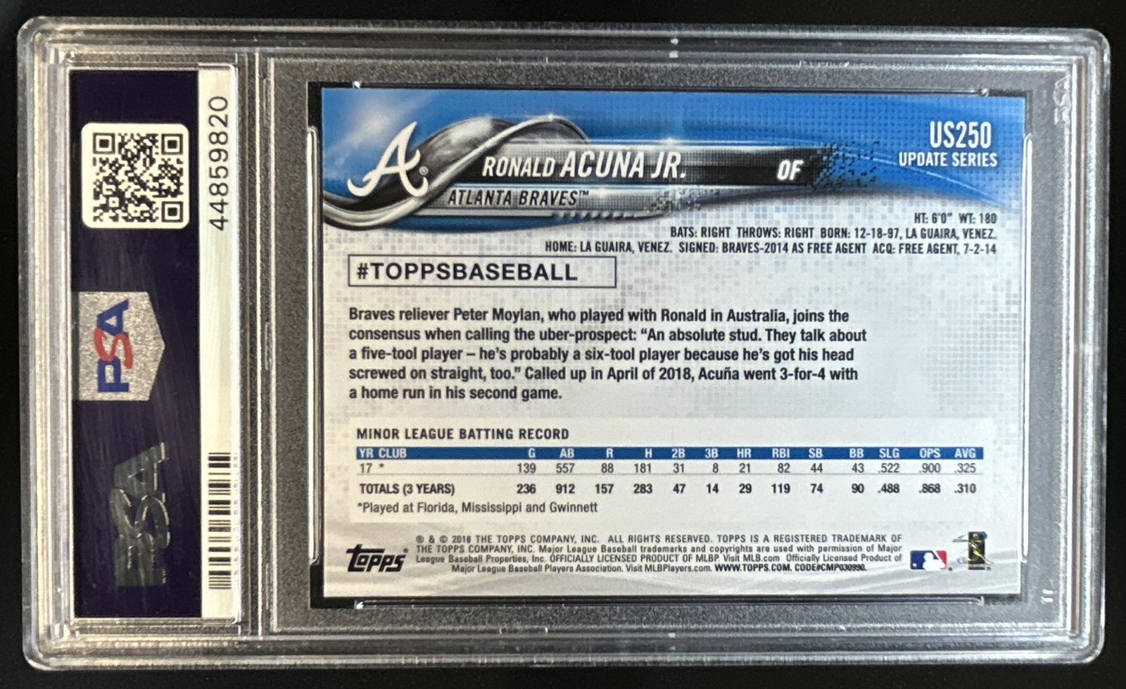2018 Topps Update Ronald Acuna Jr. Rookie RC #US250a Braves PSA 10 GEM MINT view 2
