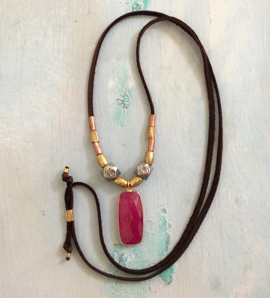 $590 Ruby Sundance Charm Necklace leather suede cord handmade artisan jewelry - Image 2 of 4