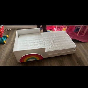 Kids Rainbow Theme Bed with Mattress Twin Size White Multicolor Wood Plastic