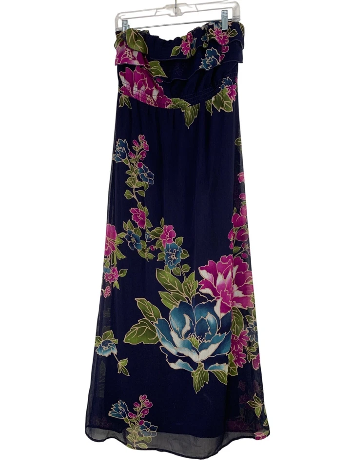Vestido maxi floral sem alças Xhilaration L azul marinho sobreposição de chiffon RY10376 Island - Imagem 2 de 4