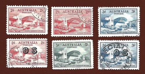 1932 AUSTRALIA " SYDNEY HARBOUR BRIDGE " SET OF 6 ~ CTO + FU ~ NO GUM