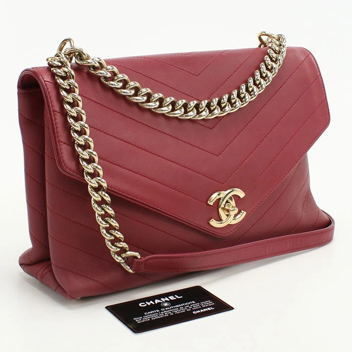 CHANEL Shoulder Bag Chain Chevron Ladies Red Used from JAPAN-image