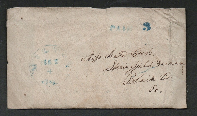 1854 letter Chilton PA to Springfield Furnace Blair Co w/envelope to Miss Good
