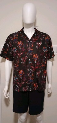 Nwt Mens Puma Floral relaxed fit Mesh Button Down Short Sleeve Shirt Sz L